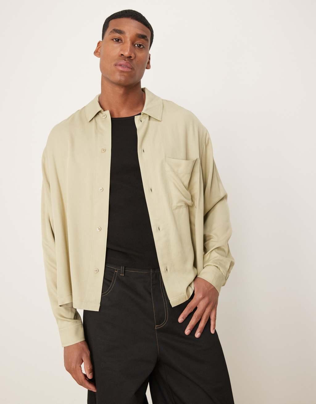 ASOS DESIGN viscose oversized boxy shirt in khaki Product Image