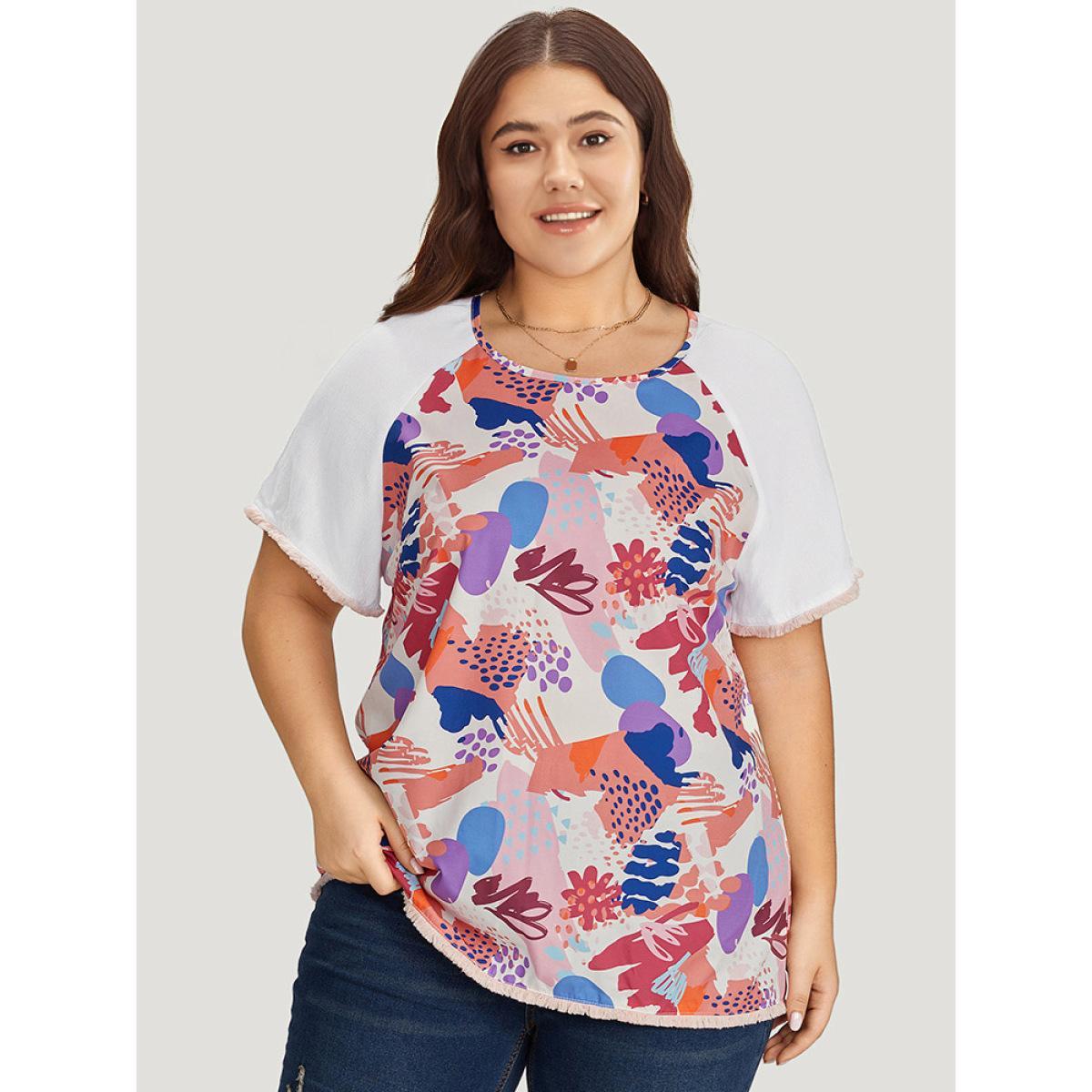 Plus Size Multicolor Graffiti Print Raw Hem Patchwork Raglan Sleeve Blouse Women Elegant Short sleeve Round Neck Dailywear Blouses BloomChic 14-16/1X Product Image