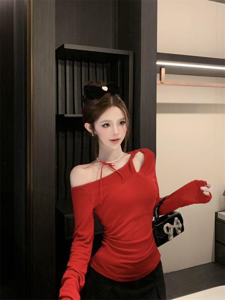 Long Sleeve One Shoulder Plain Mock Two Piece Ruched Top Product Image