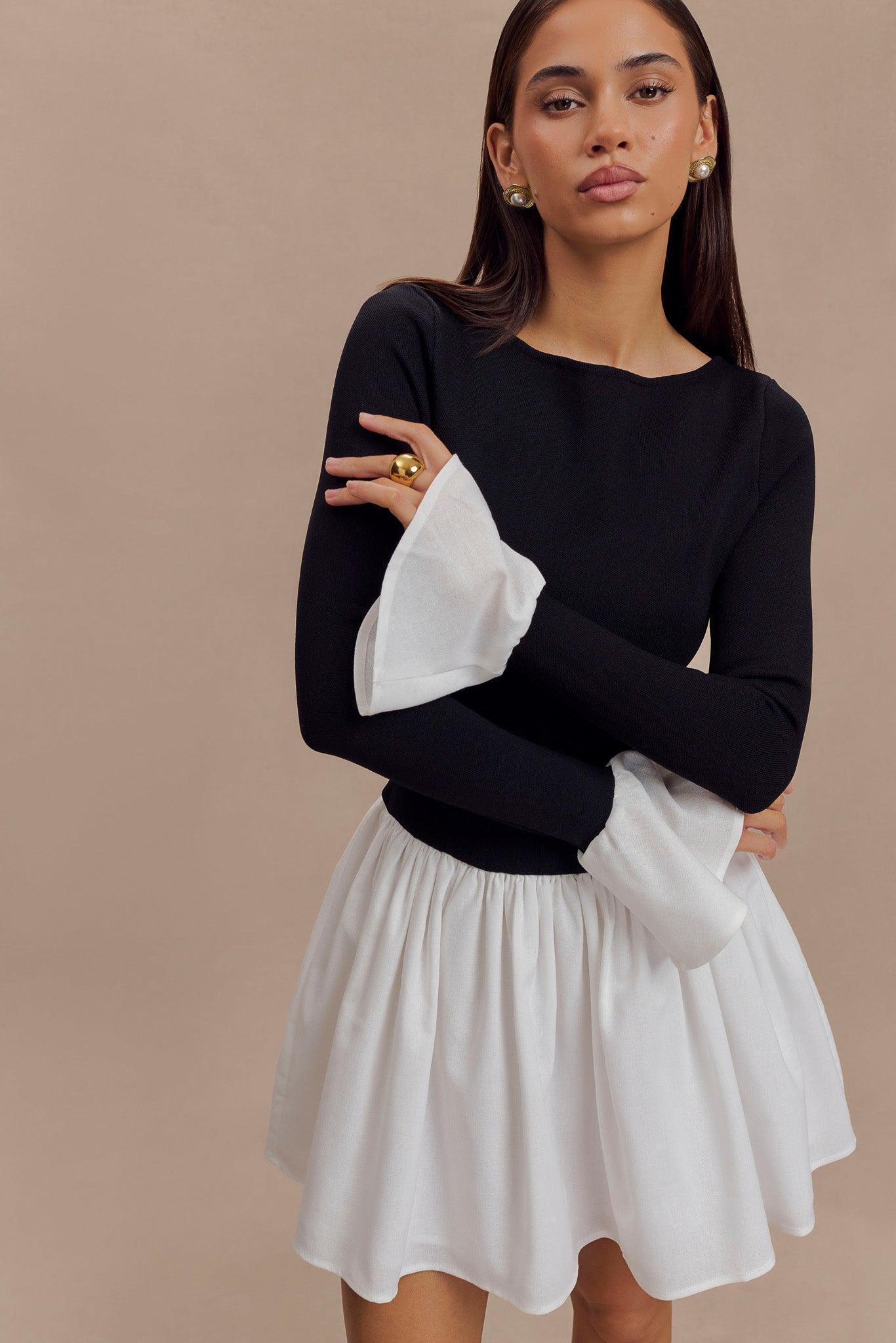 Sansa Knit And Linen Mini Dress - Black & White Product Image