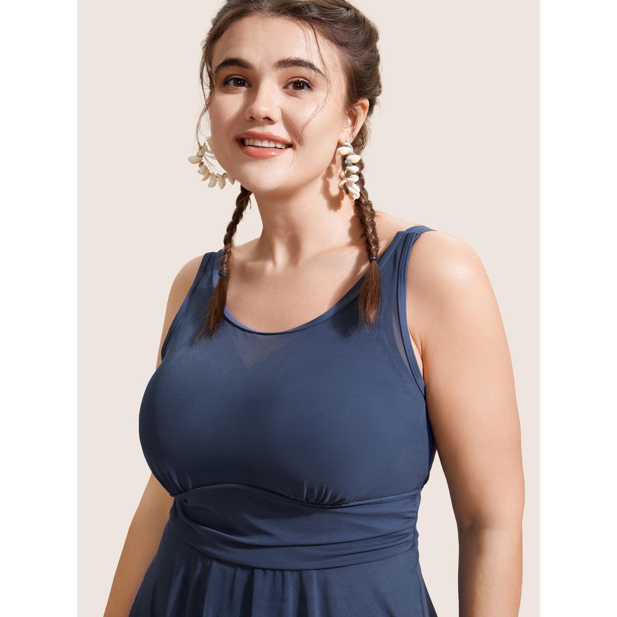 Plus Size See Through Patchwork Gathered Swim Dress Women's Swimwear Indigo Beach Bodycon Round Neck High stretch Curve Swim Dresses BloomChic 10/M Product Image