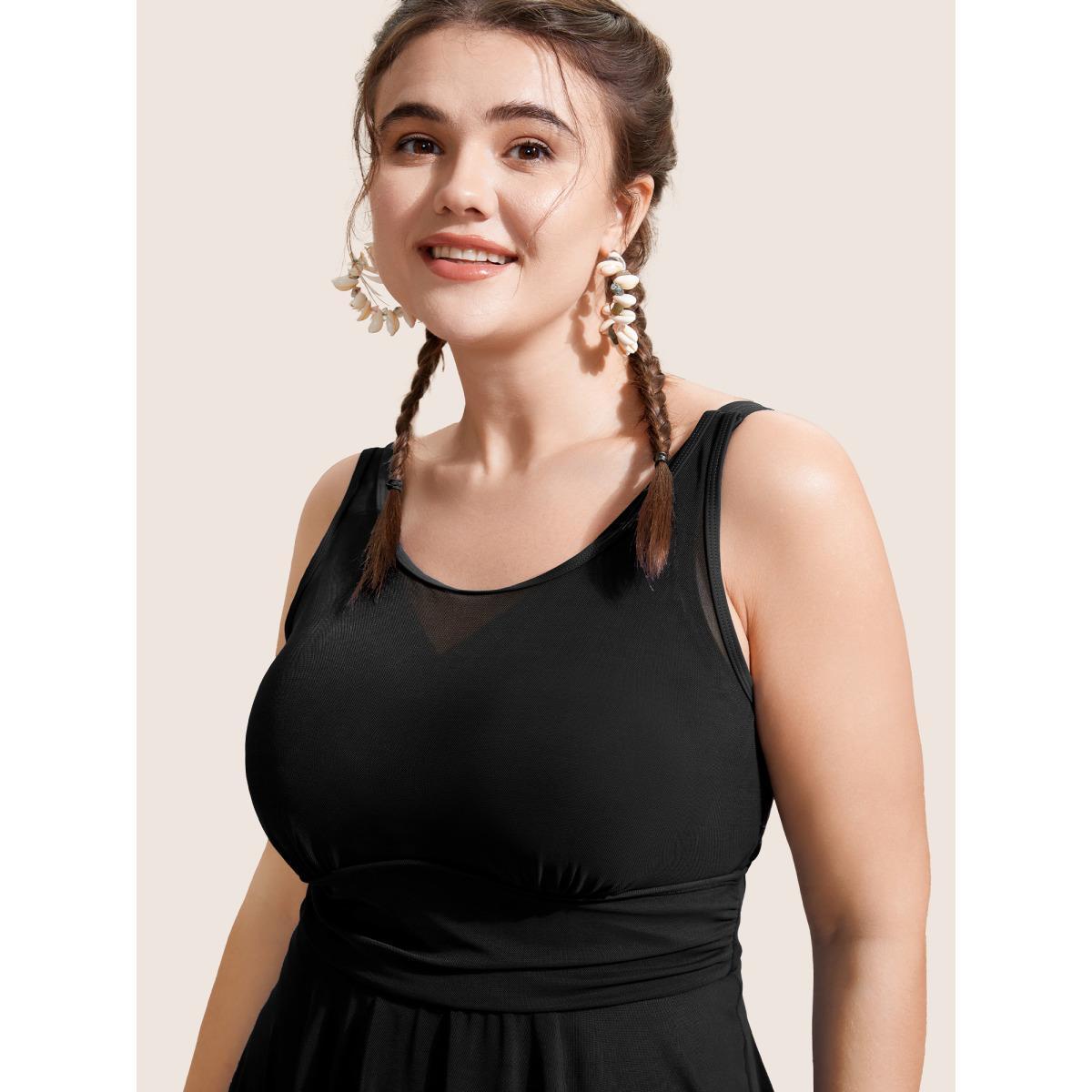 Plus Size See Through Patchwork Gathered Swim Dress Women's Swimwear Black Beach Bodycon Round Neck High stretch Curve Swim Dresses BloomChic 30/6X Product Image
