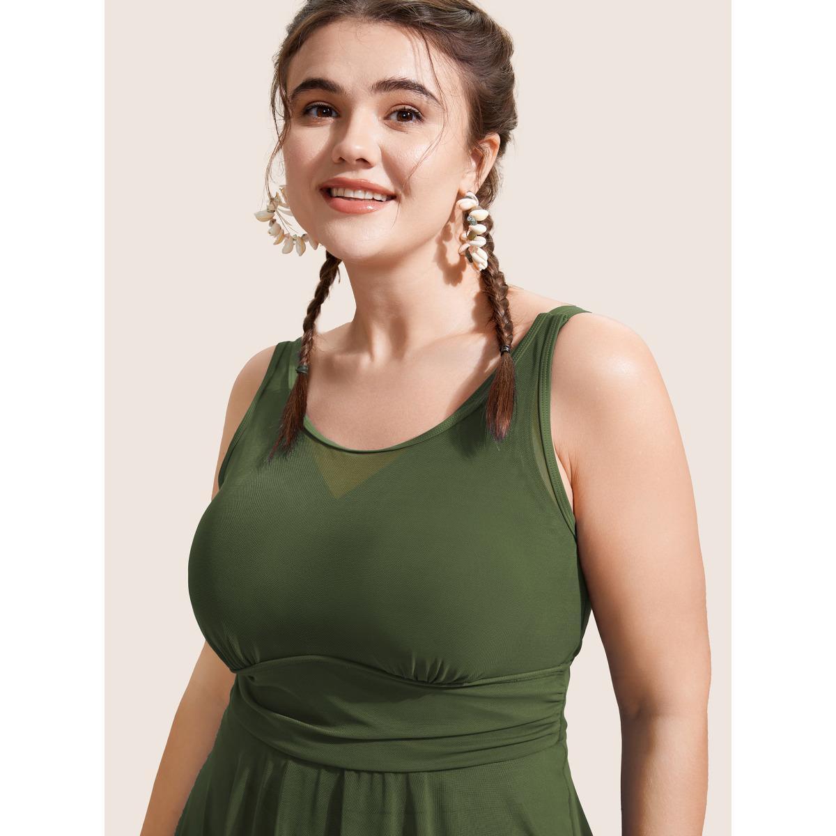 Plus Size See Through Patchwork Gathered Swim Dress Women's Swimwear ArmyGreen Beach Bodycon Round Neck High stretch Curve Swim Dresses BloomChic 12/L Product Image