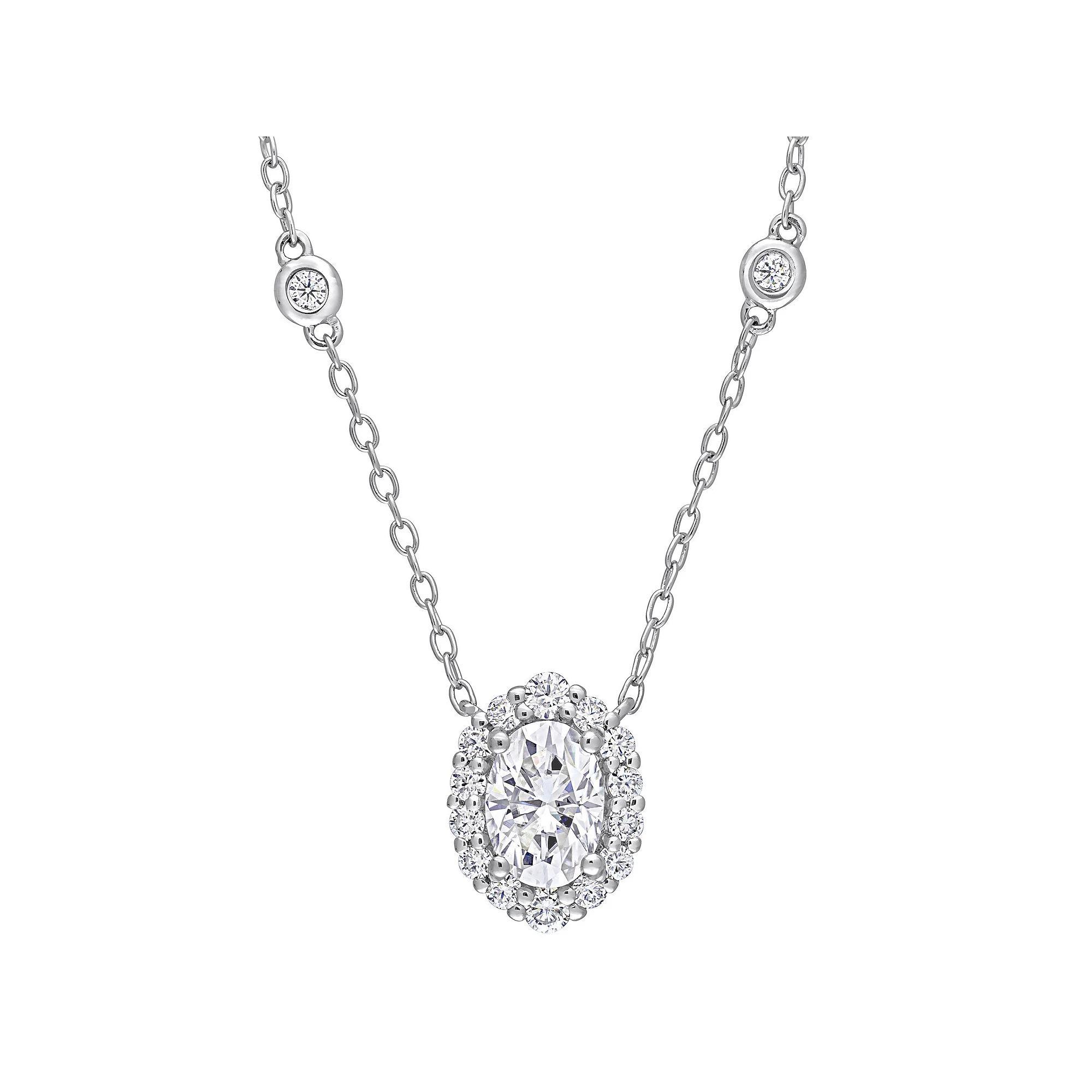Stella Grace Sterling Silver 1 1/2 Carat T.W. Lab-Created Moissanite Oval Halo Necklace, Women's, Size: 18" Product Image