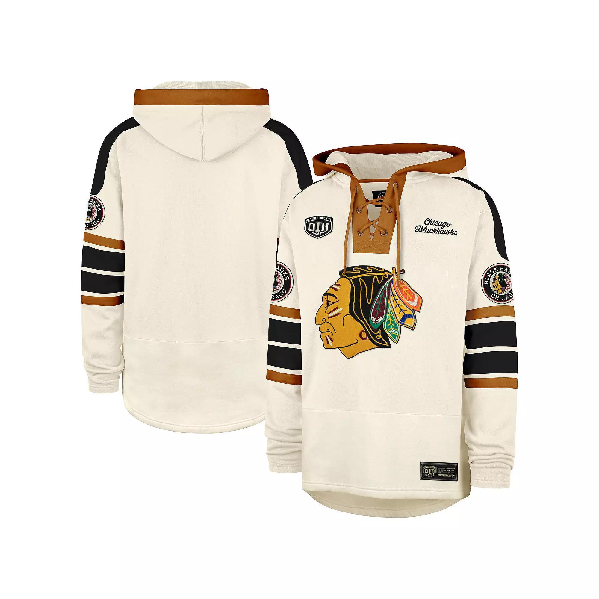 Men's '47  Cream Chicago Blackhawks Blue Line Heritage Lacer Pullover Hoodie, Size: Large, Beige Product Image