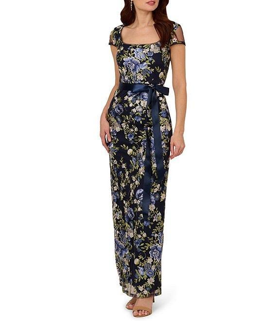 Adrianna Papell Embroidered Floral Print Square Neck Short Sleeve Tie Waist Column Gown Product Image