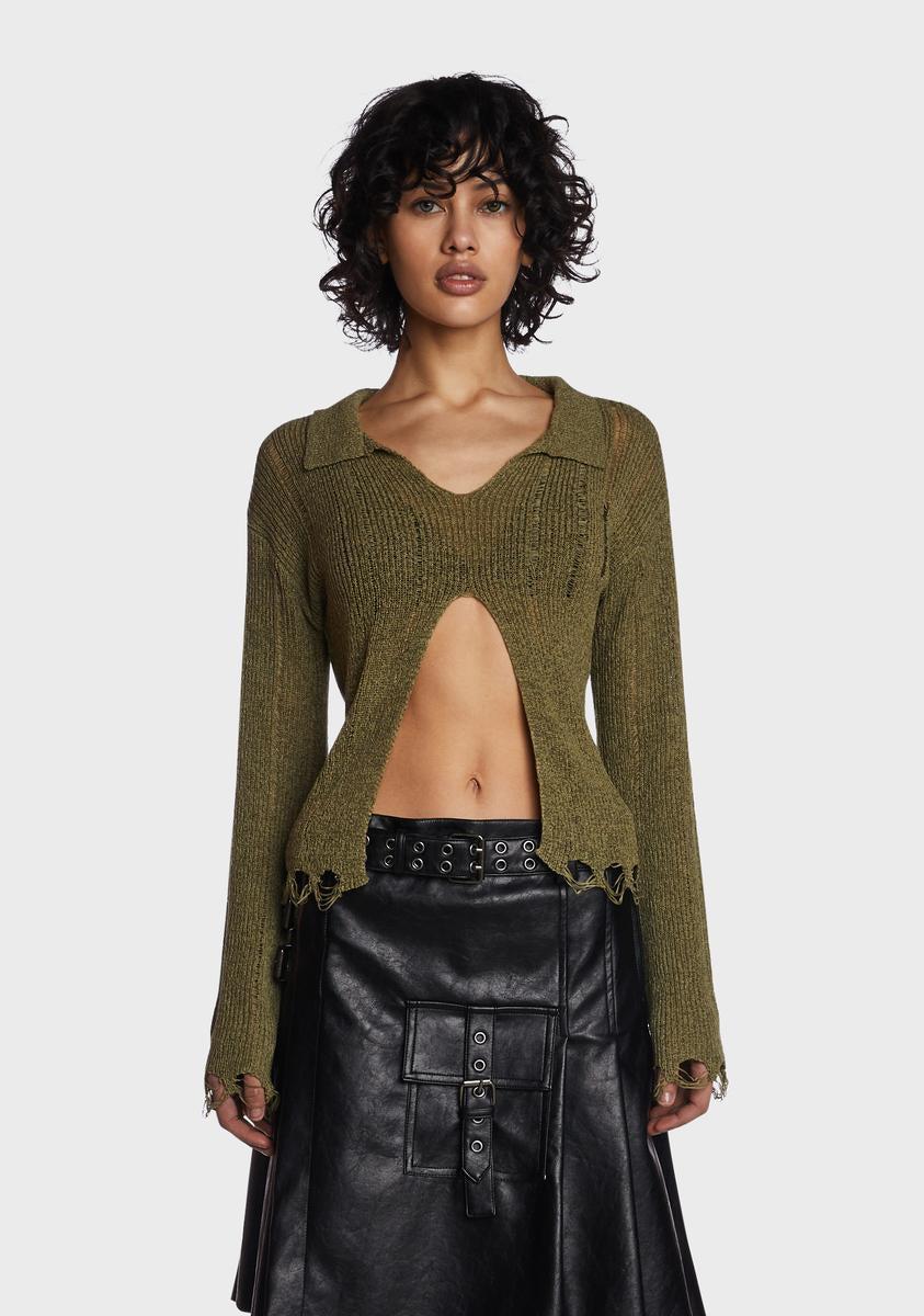 THE KRIPT Distressed Knit Open Front Top - Dark Green/Olive Product Image