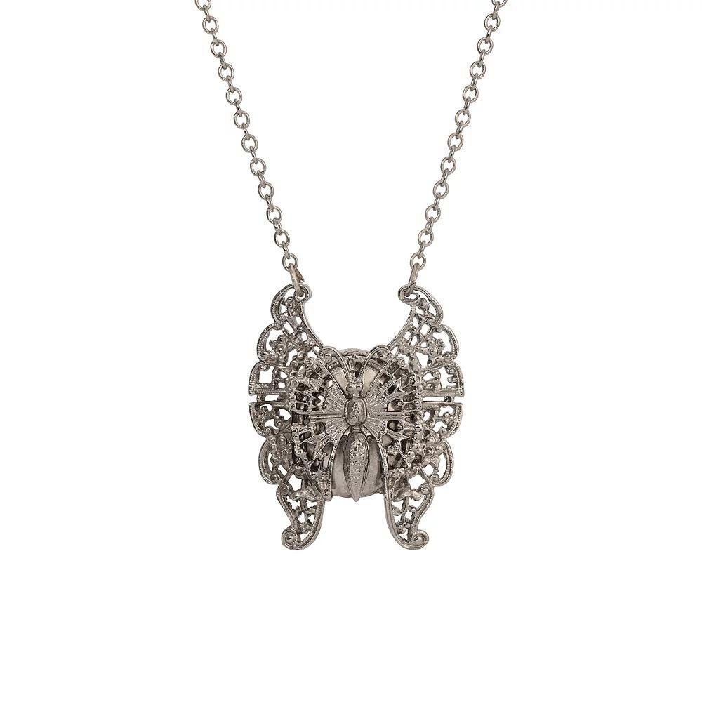 1928 Silver Tone Butterfly Locket Pendant Necklace, Womens, Gray Product Image