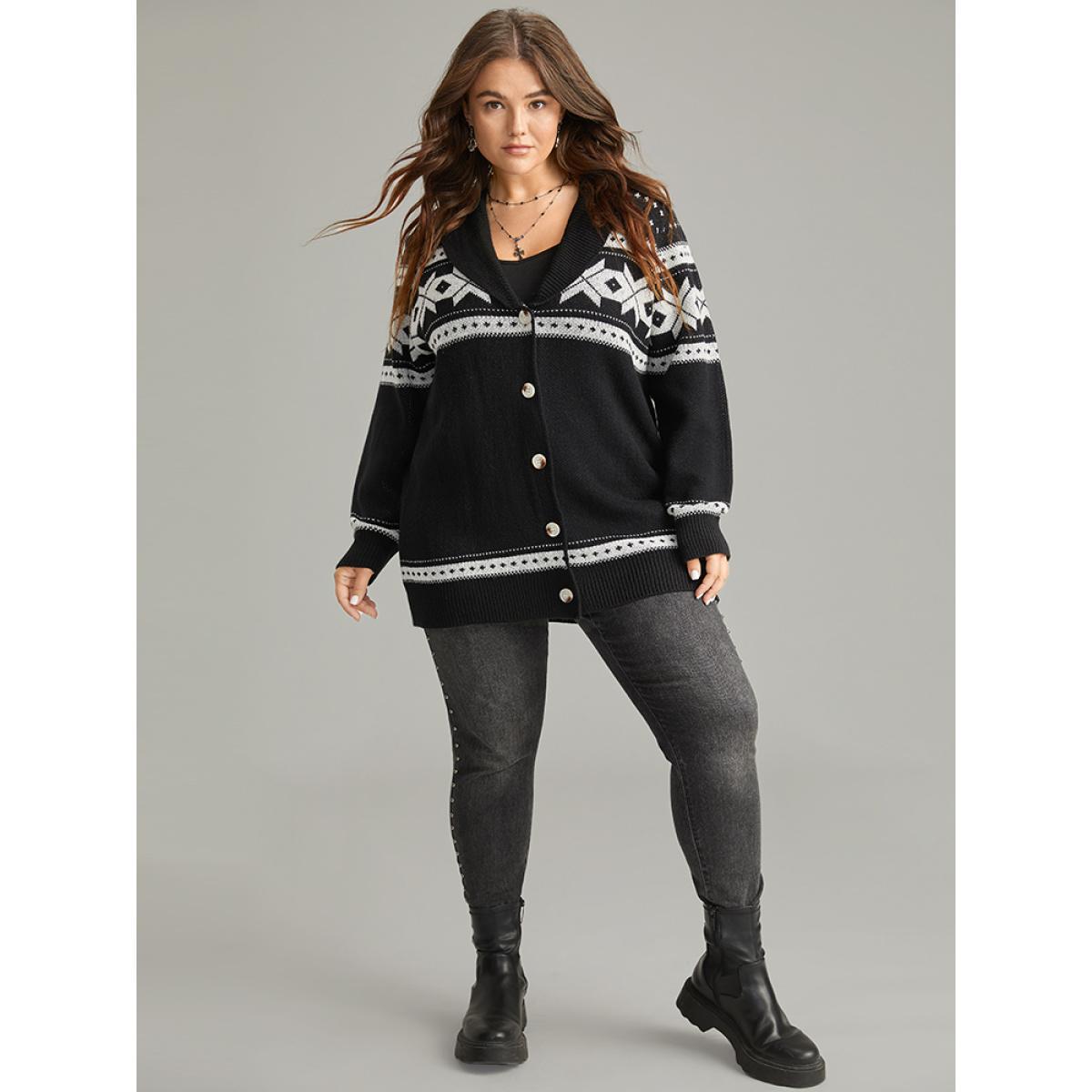 Plus Size Geometric Contrast Button Through Cardigan Black Women Casual Loose Long Sleeve Dailywear Cardigans BloomChic 22-24/3X Product Image
