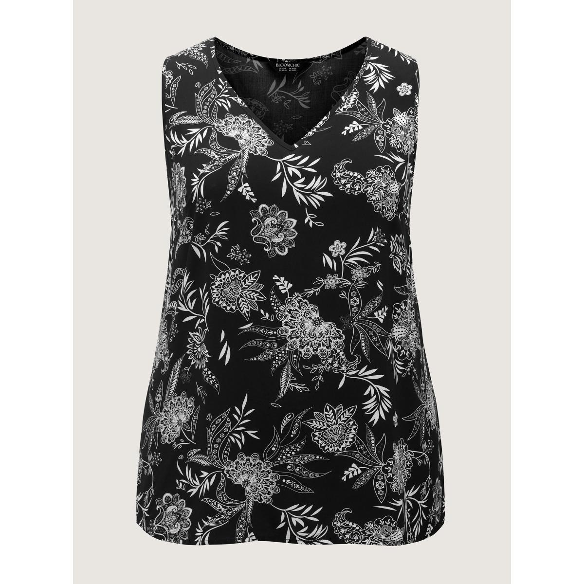 Plus Size Boho Floral V-Neck Tank Top Women Black Contrast V-neck Vacation Tank Tops Camis BloomChic 30/6X Product Image