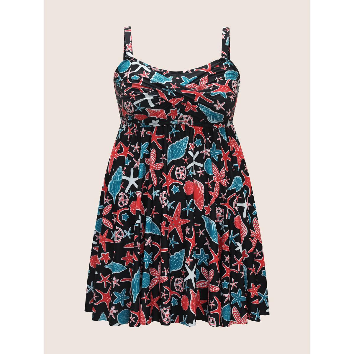 Plus Size Marine Elements Twist Front Gathered Swim Dress Women's Swimwear Black Beach Bodycon V-neck High stretch Curve Swim Dresses BloomChic 28/5X Product Image