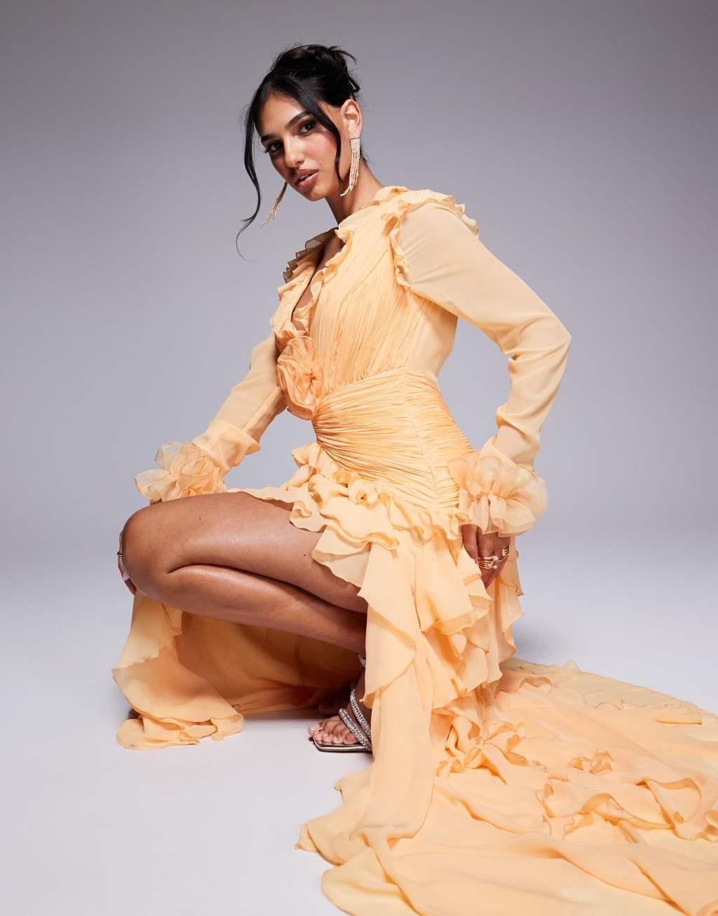 ASOS LUXE organza long sleeve exaggerated ruffle maxi dress in apricot Product Image