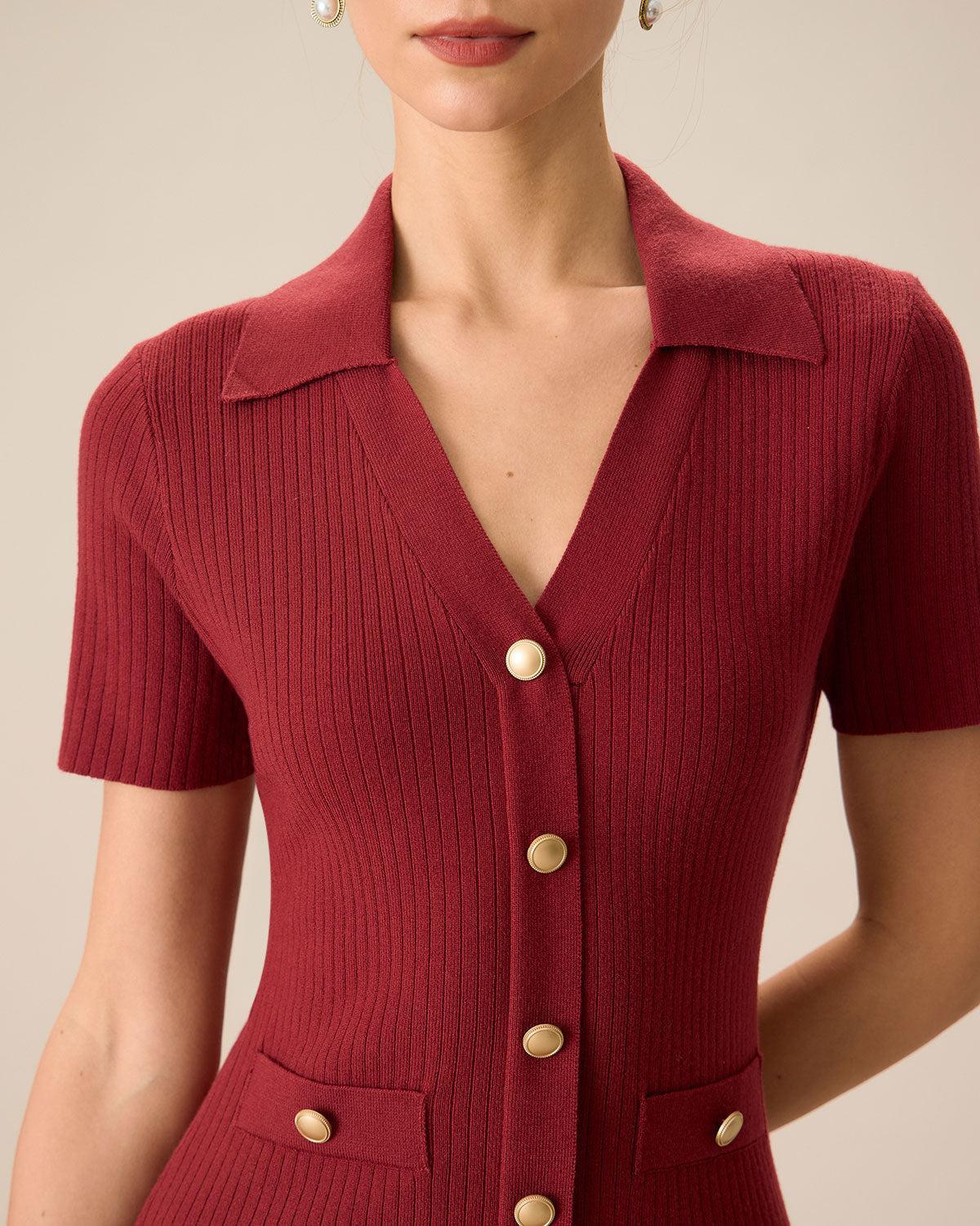 Women's Red V-Neck Bodycon Sweater Dress Female Product Image