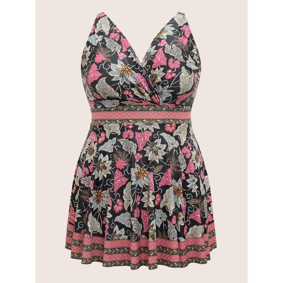 Plus Size Bandana Print Overlap Collar Swim Dress Women's Swimwear Black Beach Bodycon V-neck High stretch Curve Swim Dresses BloomChic 26/4X Product Image