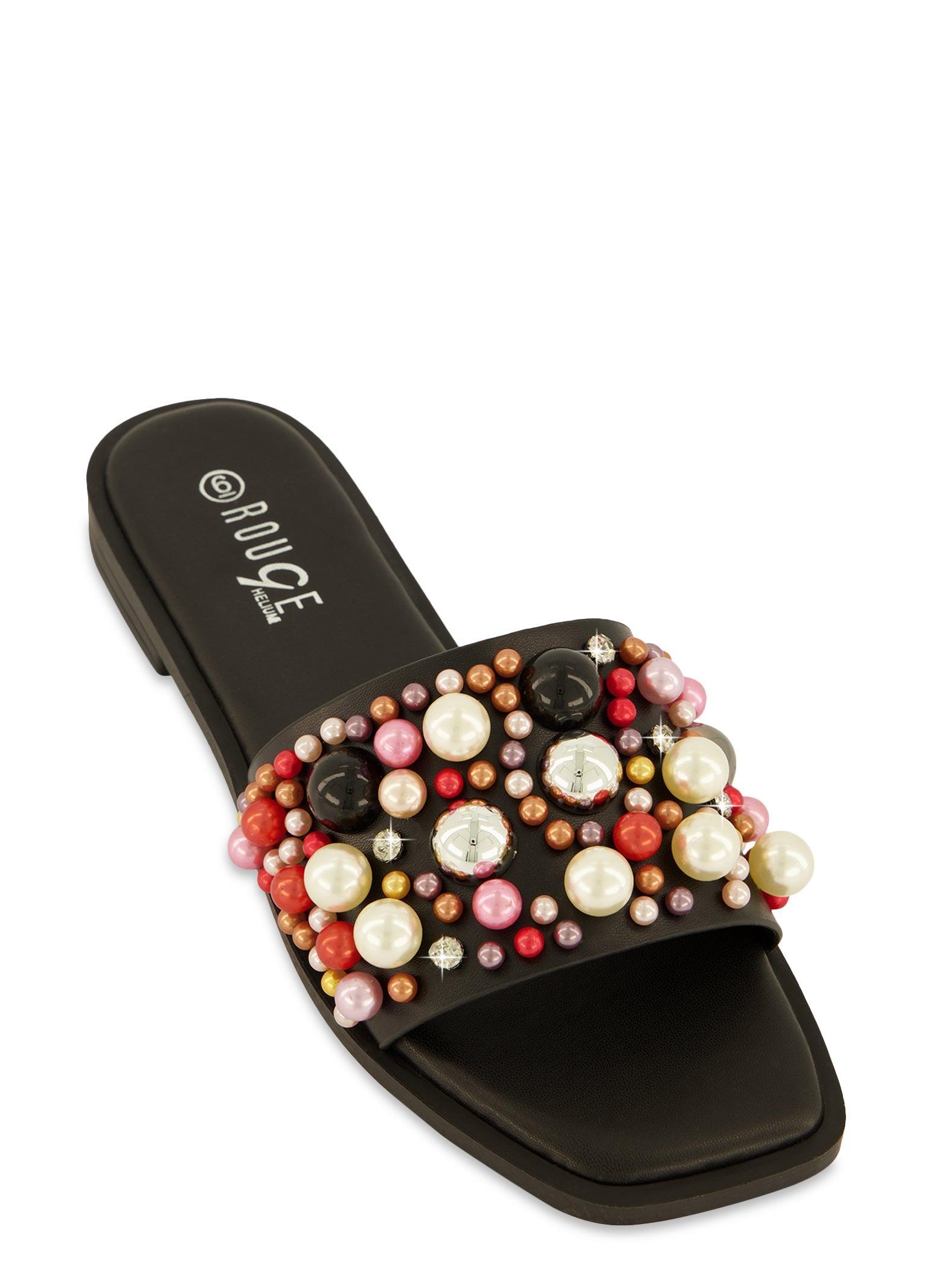 Womens Embellished Faux Pearl Studded Slide Sandals Product Image