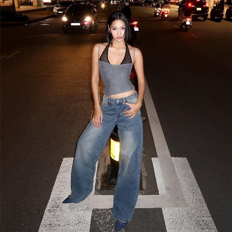 Color-Block Mesh Paneled Ruched Slim-Fit Crop Cami Top Product Image