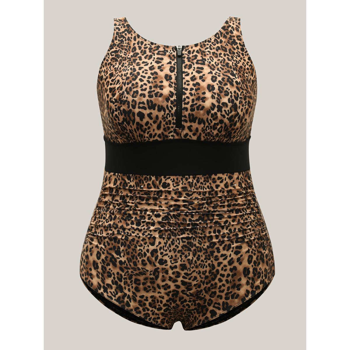 Plus Size Leopard Print Ruched One-Piece Swimsuit Women's Swimwear Leopard Beach Curve Bathing Suits High stretch One Pieces BloomChic 22-24/3X Product Image