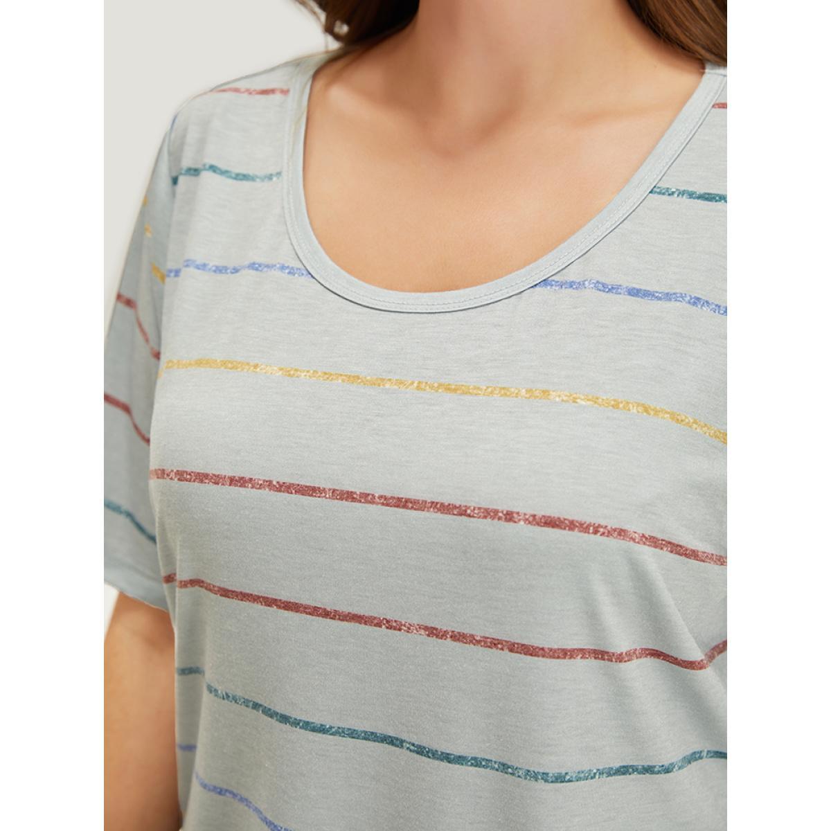 Plus Size Rainbow Striped Arc Hem T-shirt Gray Women Casual Contrast Striped Round Neck Dailywear T-shirts BloomChic 28/5X Product Image