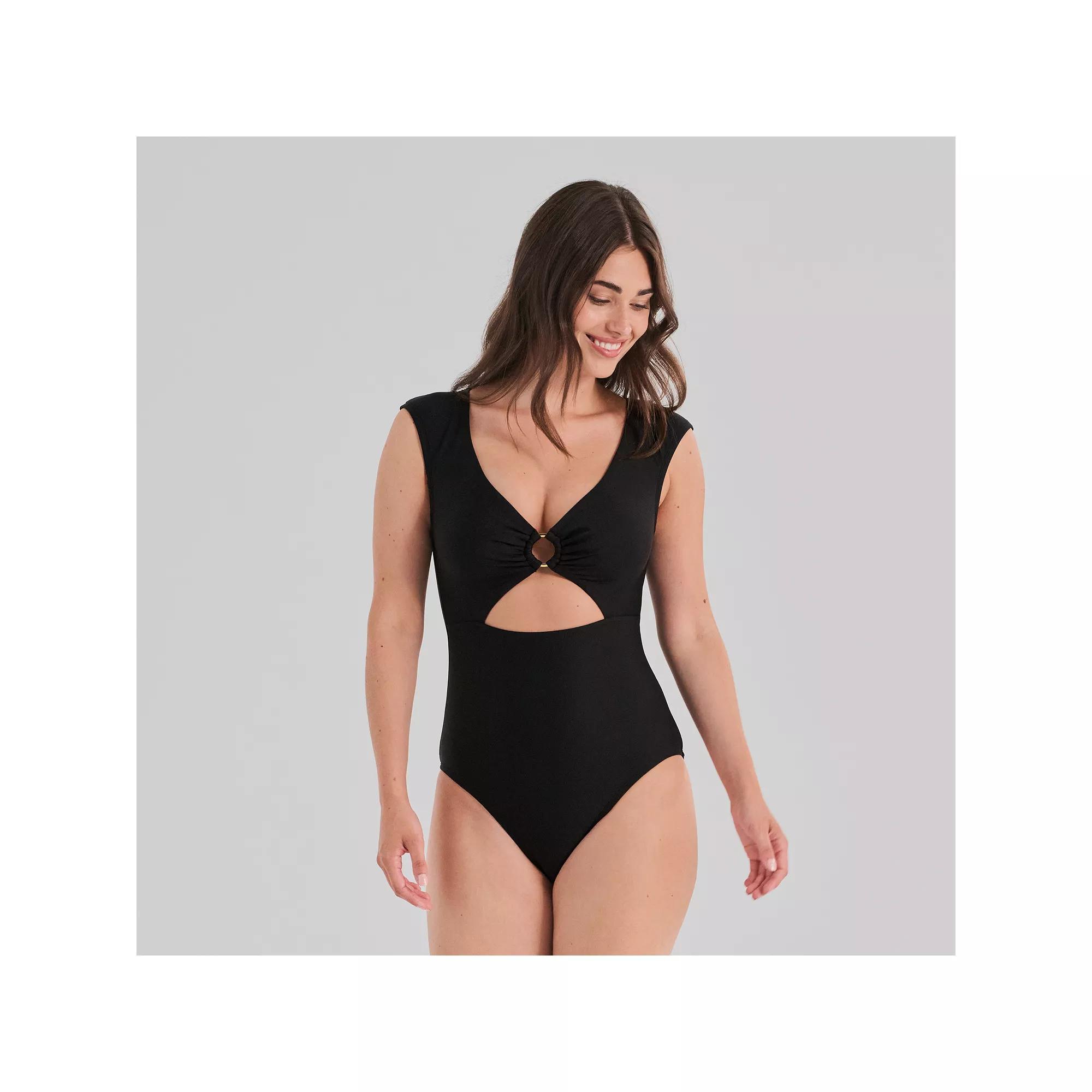 Women's Freshwater Cap Sleeve Cut-Out One-Piece Swimsuit, Size: XL, Black Product Image