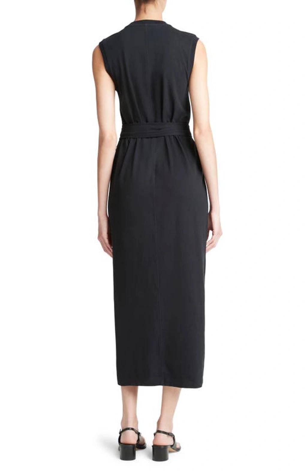 Sleeveless Waist-tie Midi Slit Dress In Black Product Image