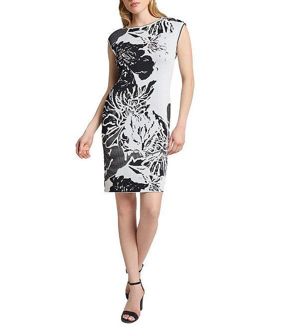 Ming Wang Floral Jacquard Knit Round Neck Sleeveless Dress Product Image