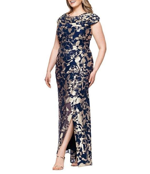 Betsy & Adam Plus Size Cowl Neck Stretch Foil Dress Product Image