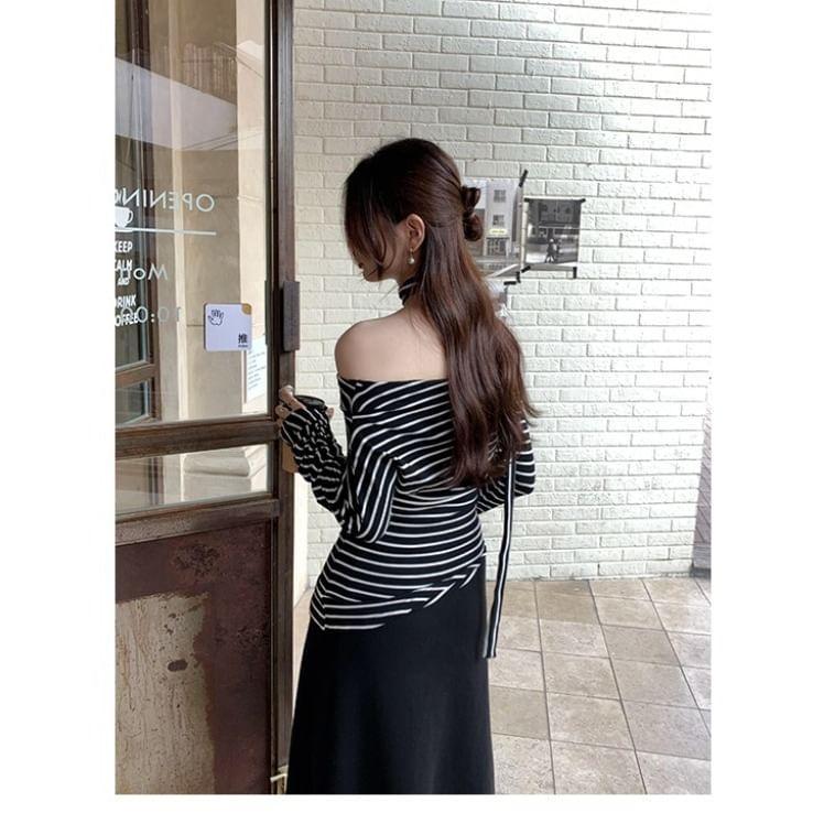 Long Sleeve One Shoulder Striped Asymmetrical Tee Product Image