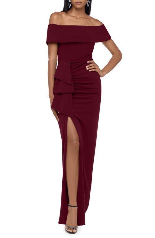 Xscape Off-the-Shoulder Ruched Ruched Waist Scuba Crepe Thigh High Slit Gown Product Image