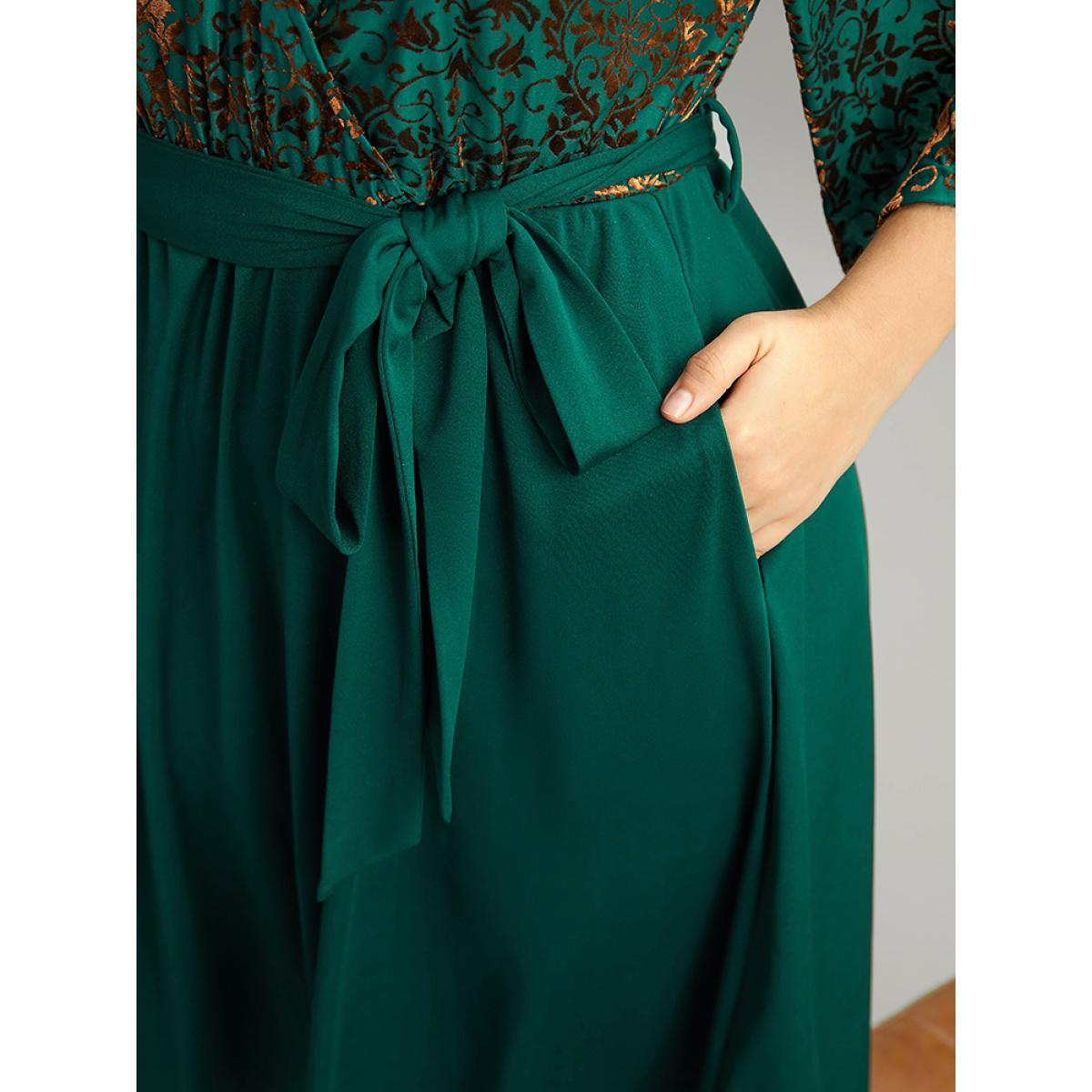 Plus Size Silhouette Floral Print Belted Patchwork Velvet Dress Emerald Women Vacation Wrap Overlap Collar Elbow-length sleeve Curvy Midi Dress BloomChic 10/M Product Image