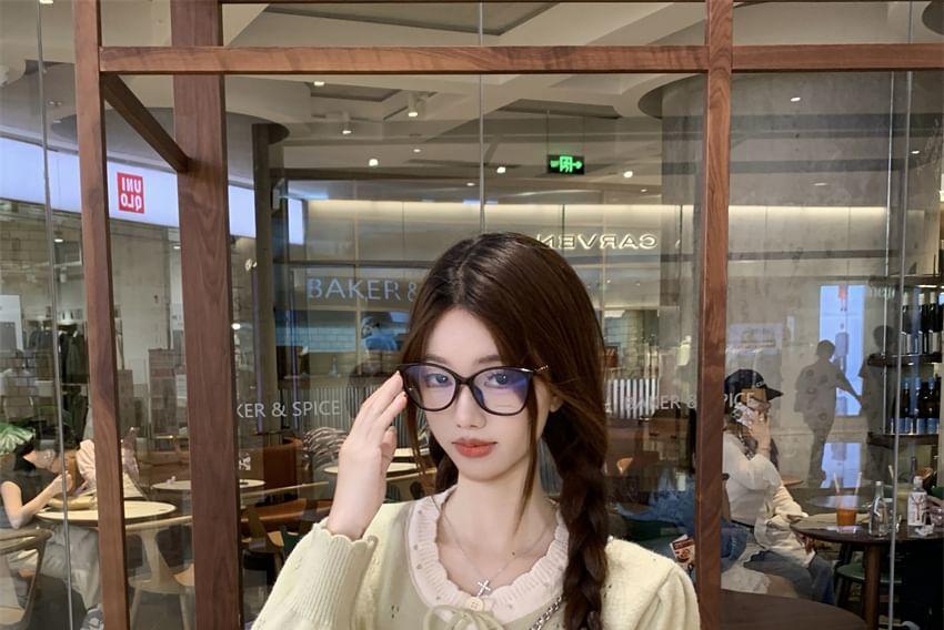 Round Neck Two Tone Bow Cardigan / Spaghetti Strap Contrast Trim Tiered Panel Lace Maxi A-Line Dress Product Image