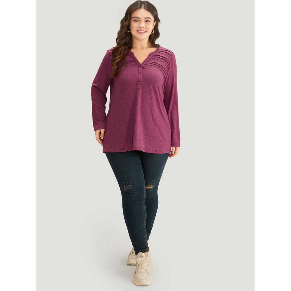Plus Size Notched Pleated Button Up T-shirt RedViolet Women Casual Plain Plain Notched collar Dailywear T-shirts BloomChic 26/4X Product Image