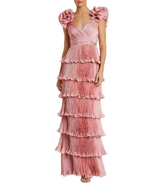 Mac Duggal Satin Sweetheart Neck Ruffle Cap Sleeve Tiered Pleated Fit and Flare Gown Product Image