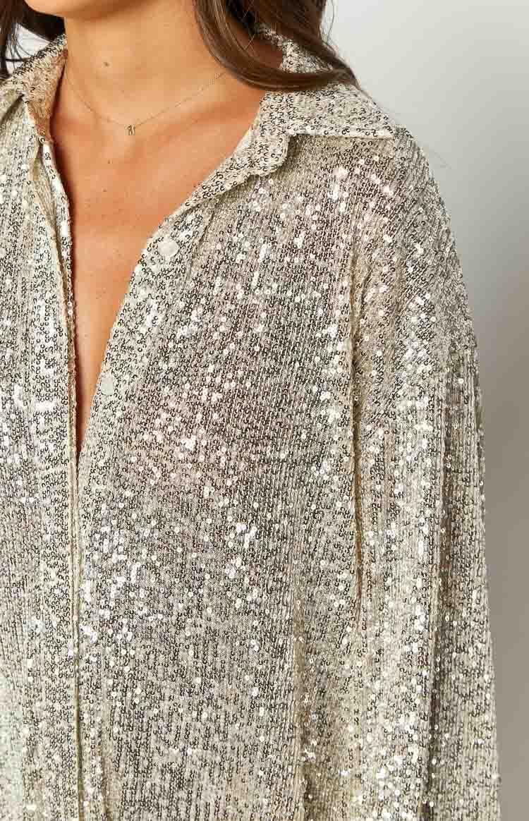 Zariah Gold Sequin Long Sleeve Shirt Product Image