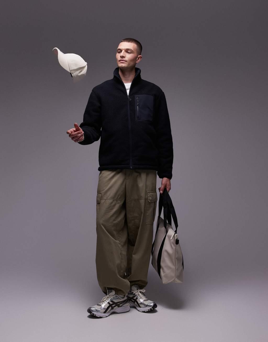ARKET fleece pile jacket with two-way zip in dark blue  Product Image