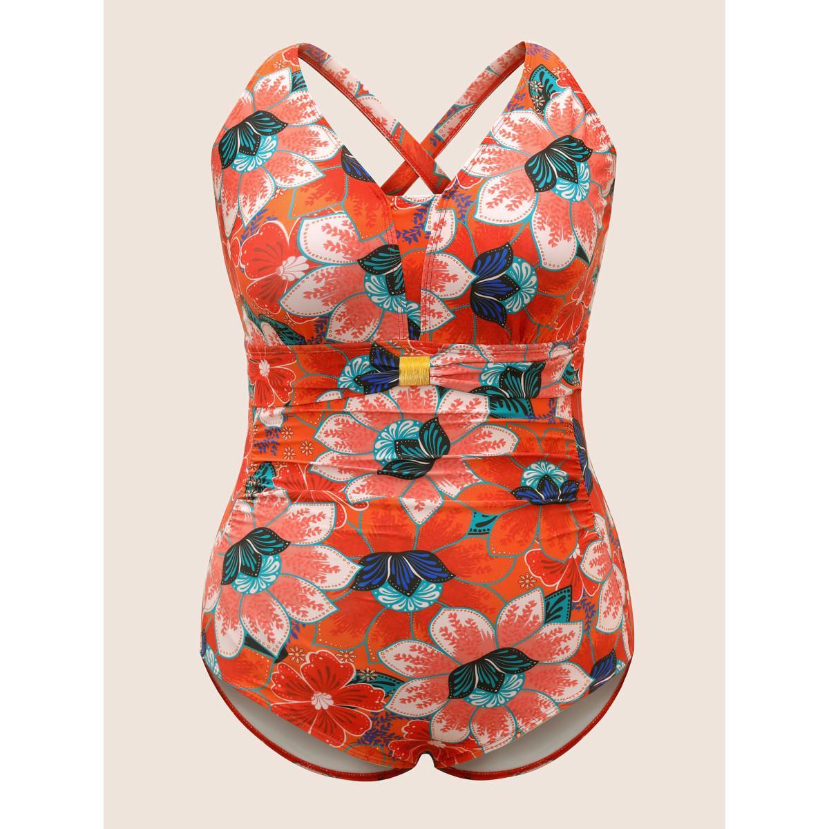 Plus Size Floral Ruched Crisscross Buckle Detail One Piece Swimsuit Women's Swimwear Multicolor Beach Gathered Curve Bathing Suits High stretch One Pieces BloomChic 12/L Product Image