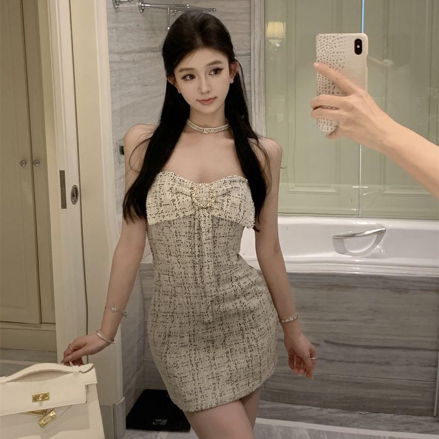 Strapless Tweed Bowknot Bodycon Mini Dress Product Image
