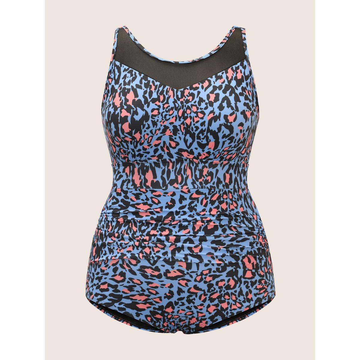 Plus Size Leopard Print Gathered See Through One Piece Swimsuit Women's Swimwear Cerulean Beach Gathered Curve Bathing Suits High stretch One Pieces BloomChic 12/L Product Image