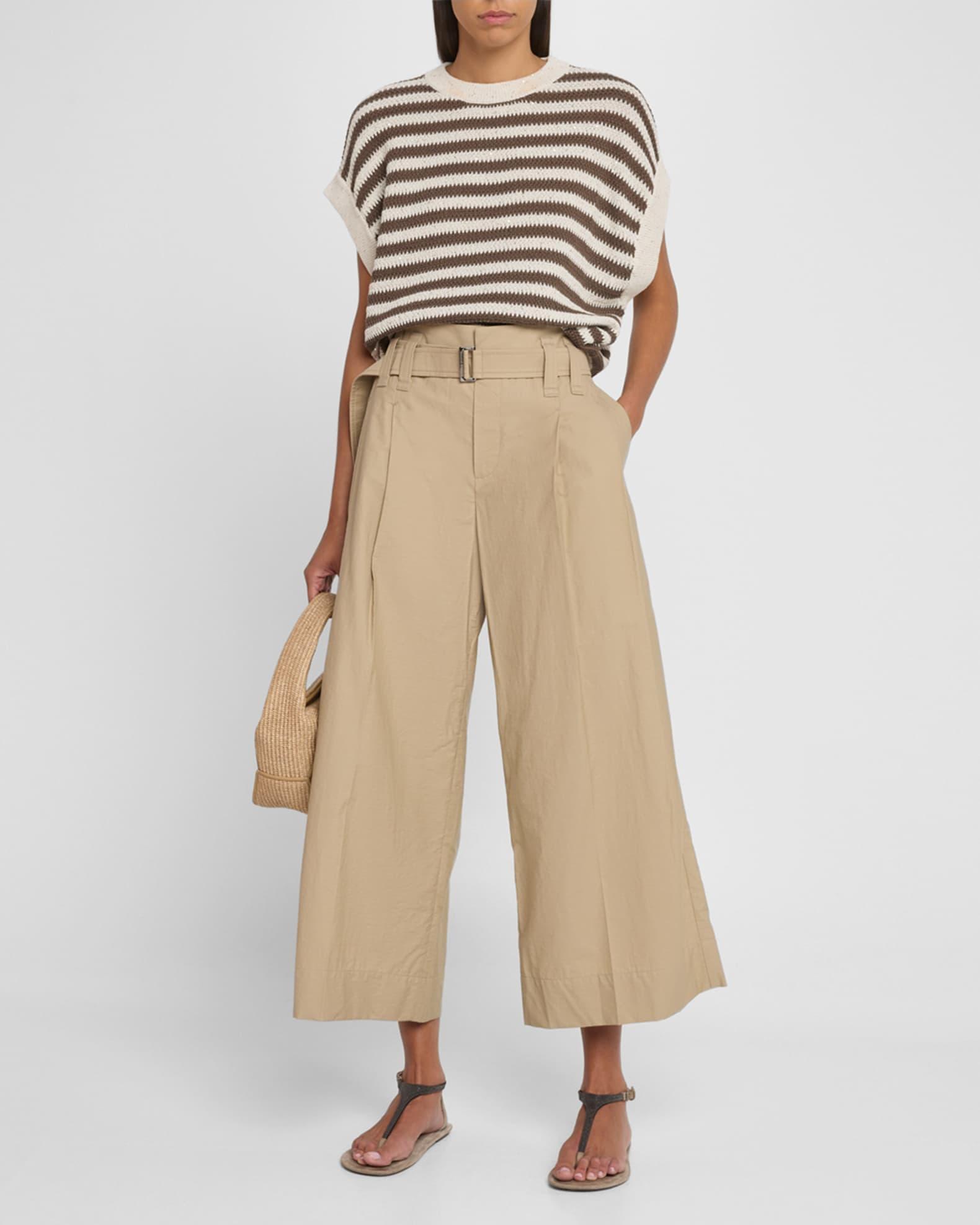 Pleated Cotton Wide-Leg Crop Trousers With Belt Product Image