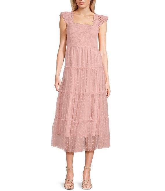 Blu Pepper Lace Polka Dot Square Neck Sleeveless Tiered Midi Dress Product Image