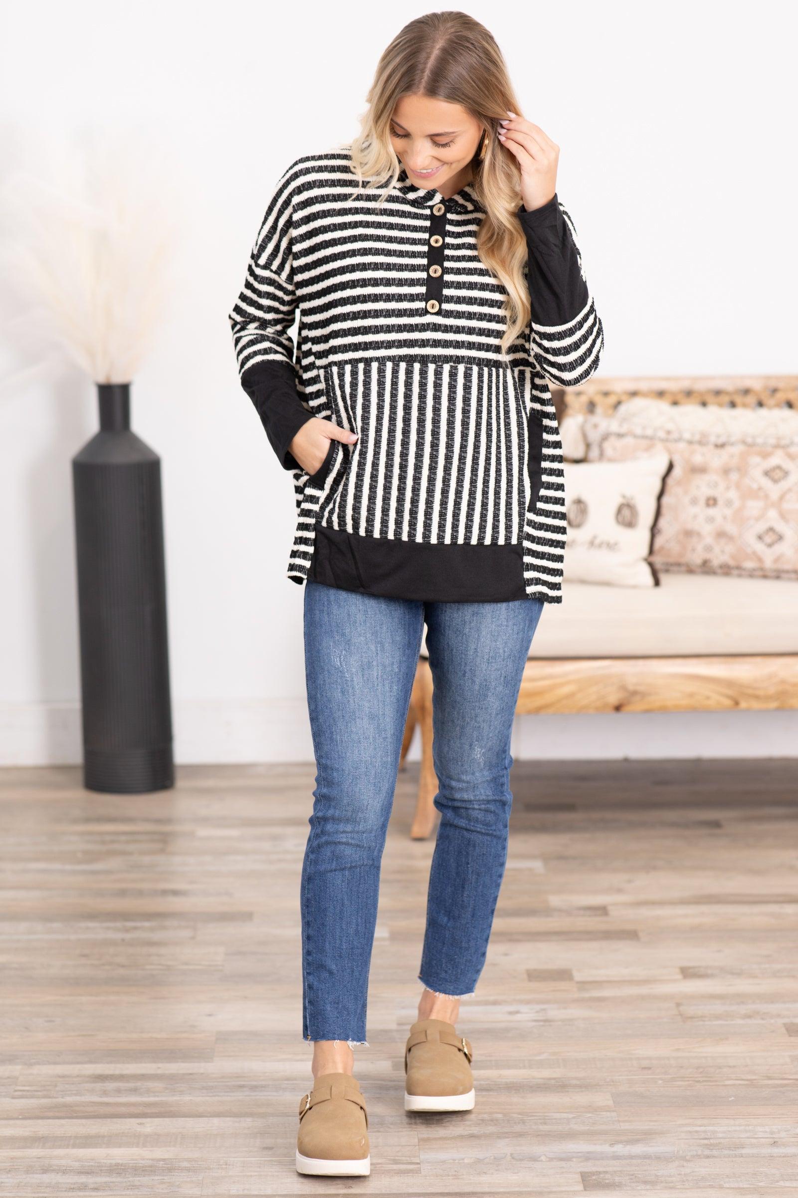 Stripe Long Sleeve Contrast Hoodie Knit Top Product Image
