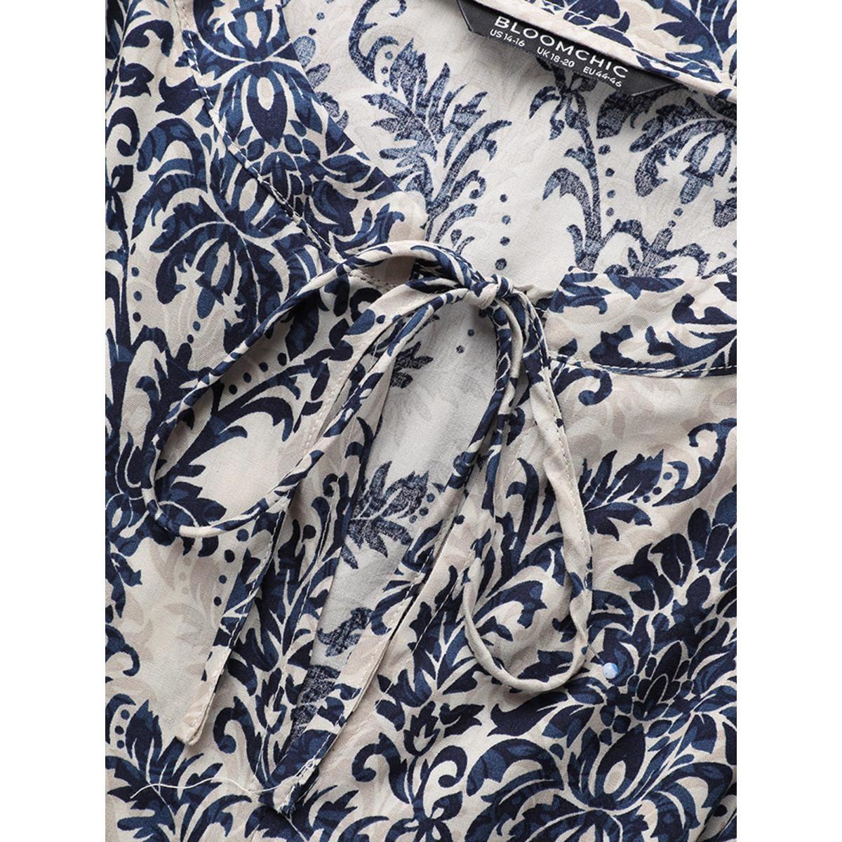 Plus Size Damask Print Tie Knot Puff Sleeve Dress DarkBlue Women Resort Tie knot V-neck Elbow-length sleeve Curvy BloomChic 22-24/3X Product Image