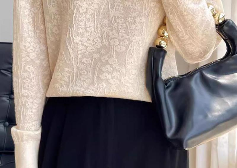 Long-Sleeve Mock Neck Floral Jacquard Frill Trim Sheer Knit Top Product Image