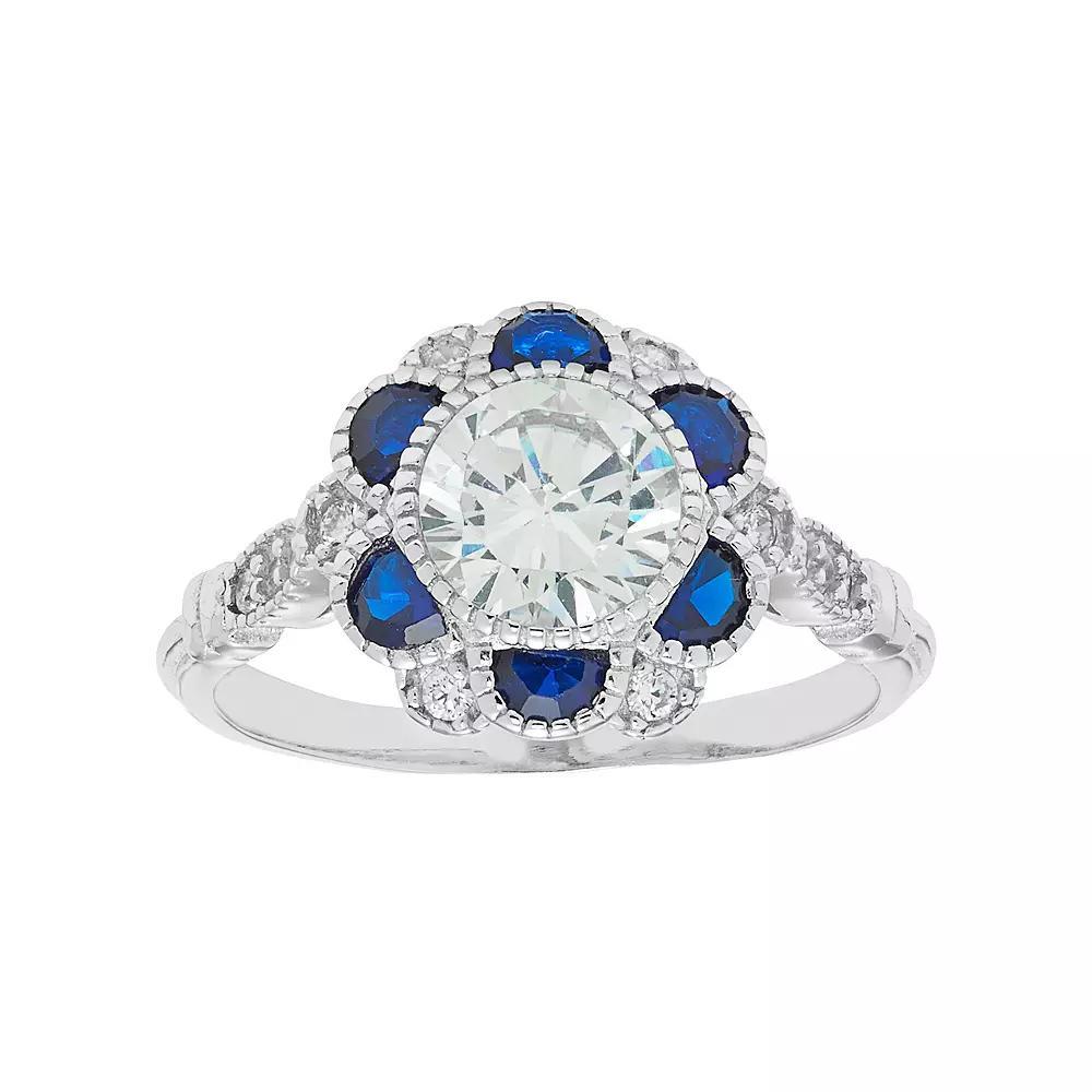 Sterling Silver Cubic Zirconia & Lab-Created Blue Spinel Flower Ring, Women's, Size: 8 Product Image