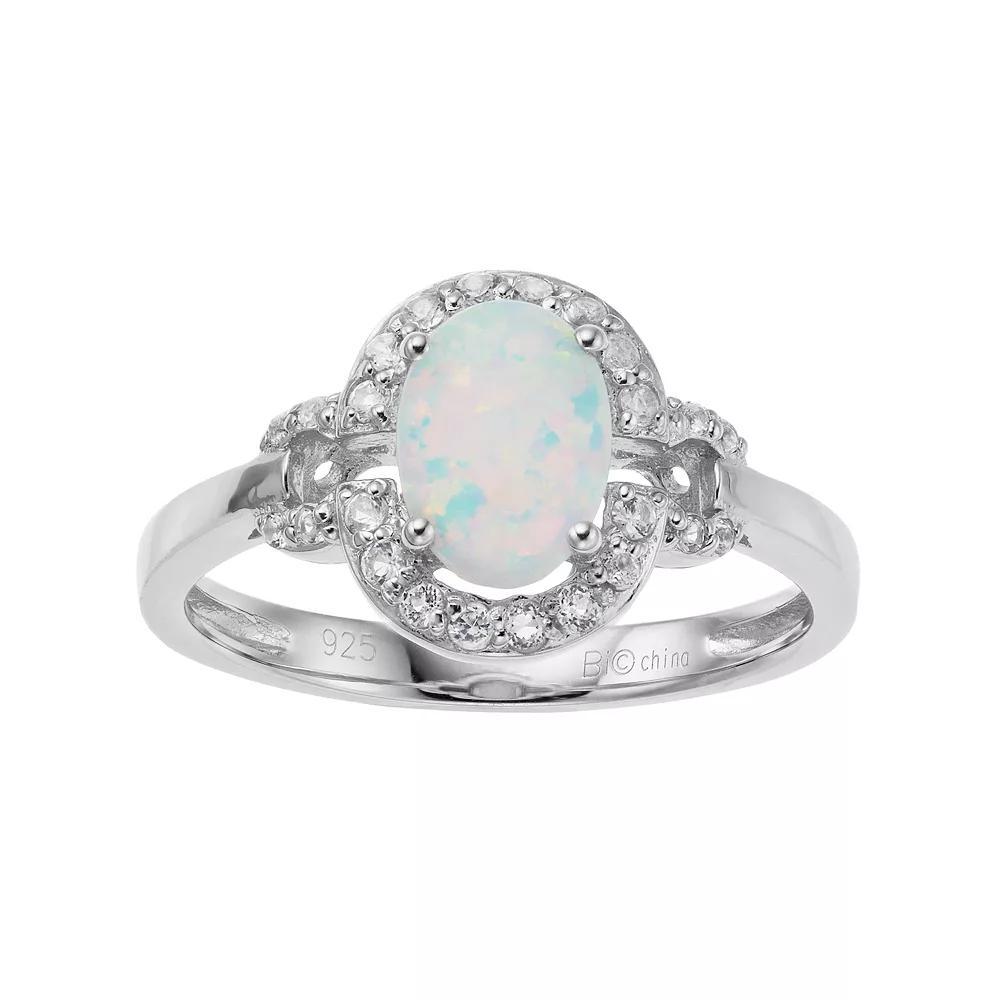 Gemminded Sterling Silver Lab-Created White Opal & White Topaz Oval Halo Ring, Women's, Size: 6 Product Image