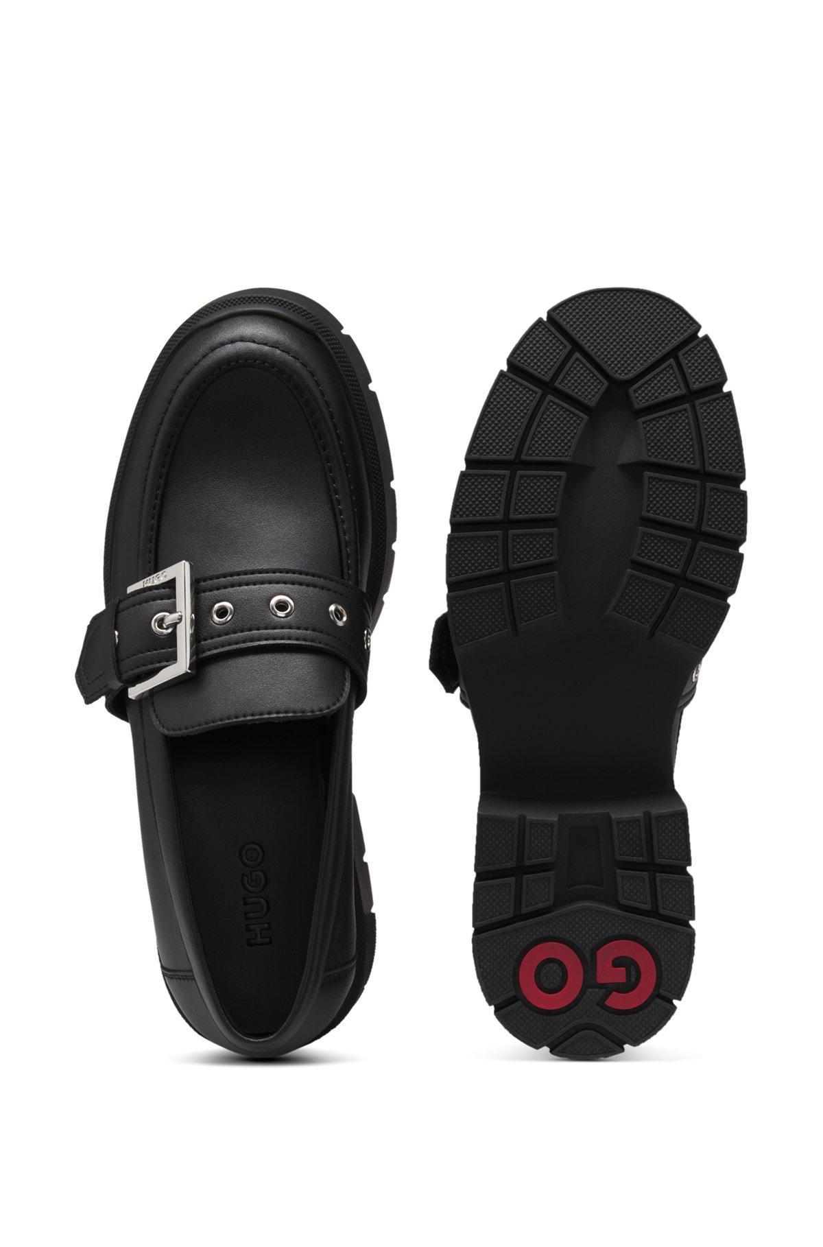 HUGO - Faux-leather loafers with buckle strap - Black Product Image