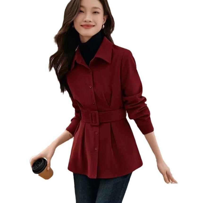 Long-Sleeve Plain Belted Corduroy Shirt Product Image