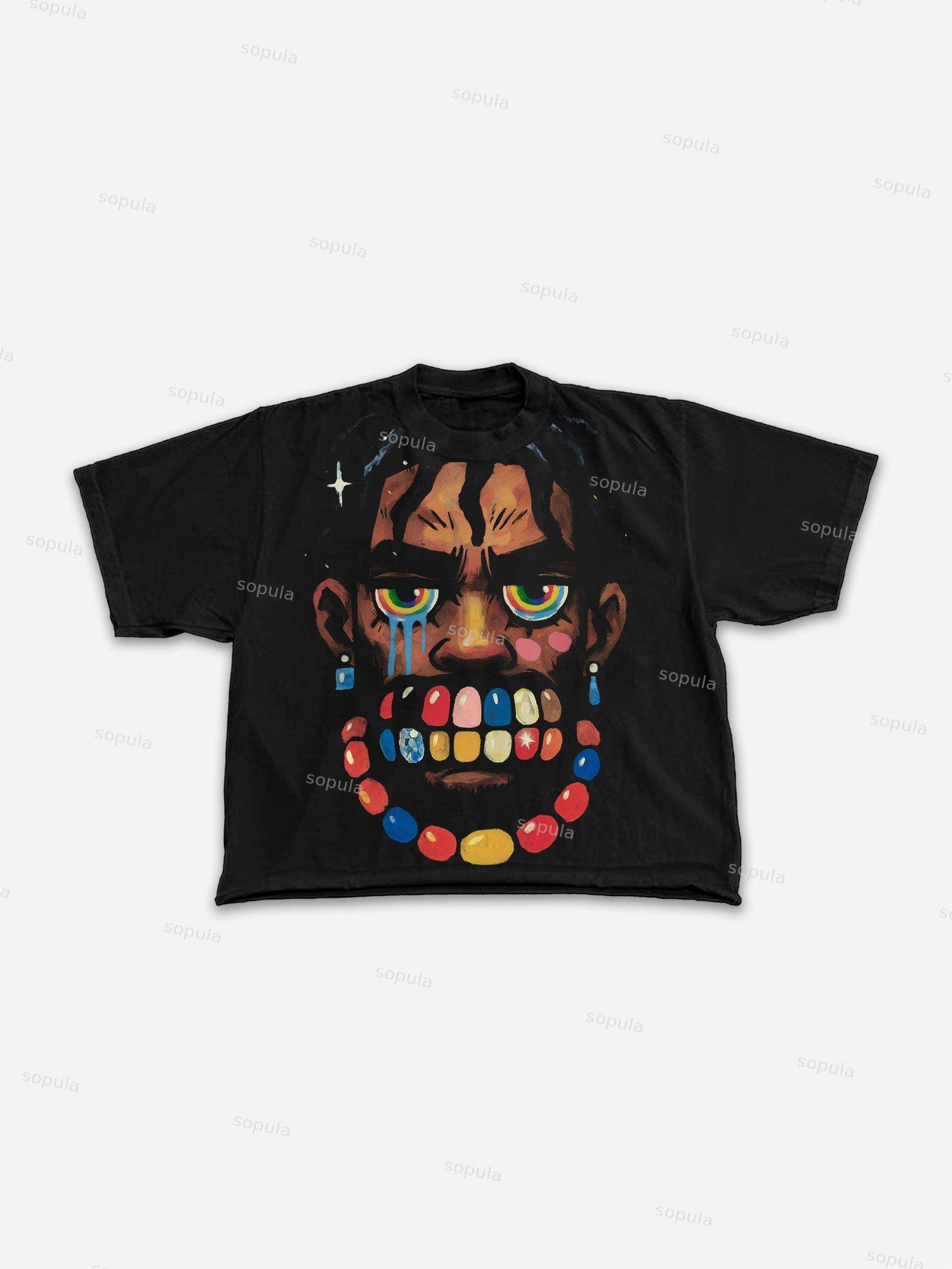 Colorful Braces Cartoon Portrait Graphic Cropped T-shirt Product Image