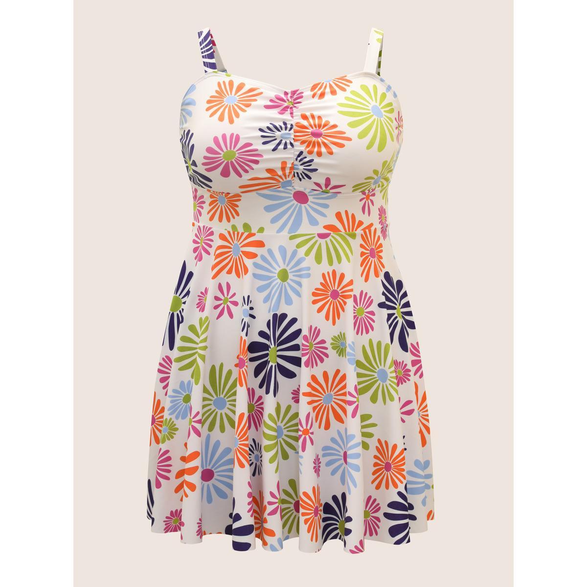 Plus Size Floral Heart Neckline Ruched Swim Dress Women's Swimwear Originalwhite Beach Bodycon Heart neckline High stretch Curve Swim Dresses BloomChic 14-16/1X Product Image