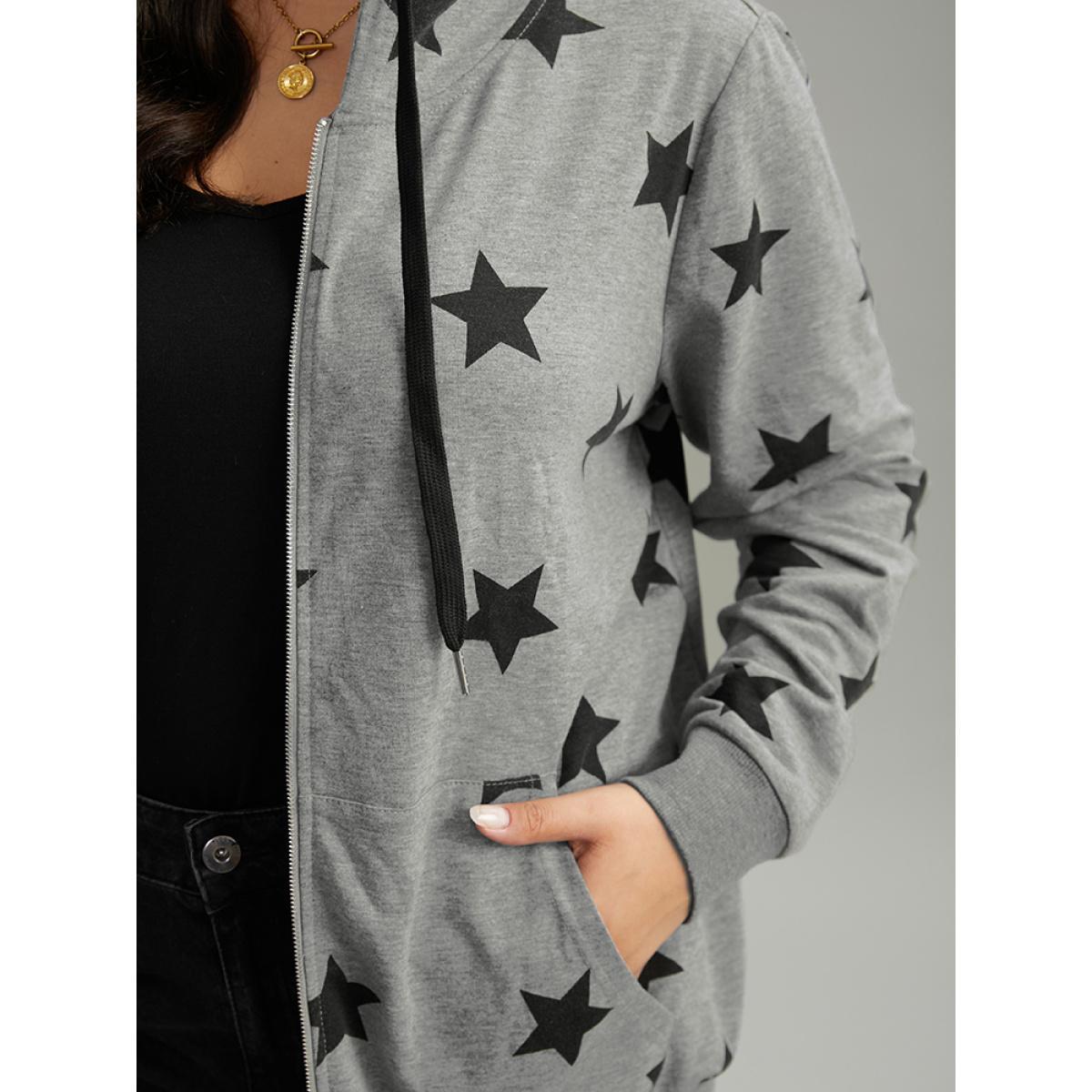 Plus Size Star Print Hooded Ties Pocket Sweatshirt Women Gray Casual Printed Hooded Dailywear Sweatshirts BloomChic 28/5X Product Image