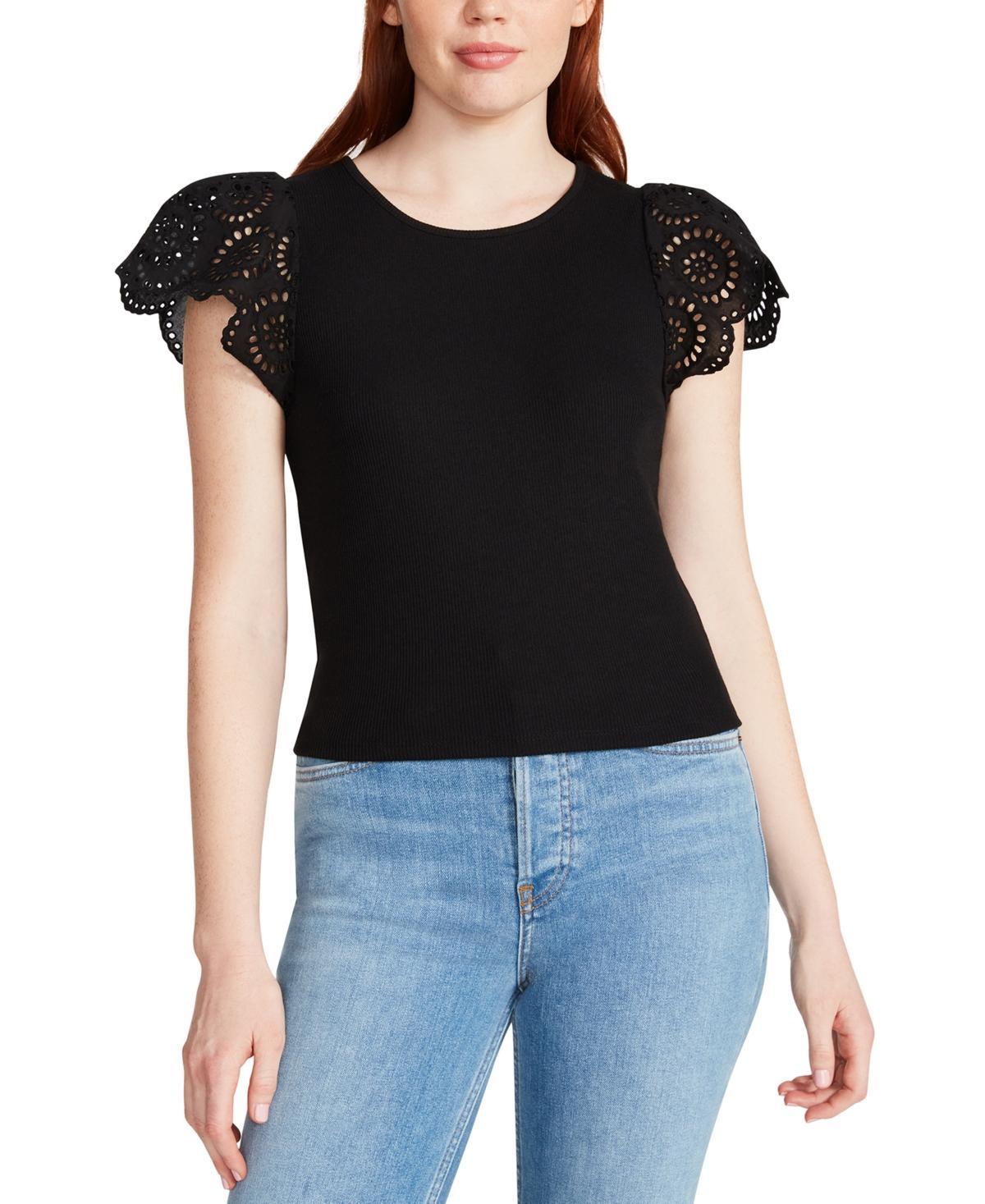 Steve Madden Womens Olina Mixed-Media-Sleeve Knit Top Product Image